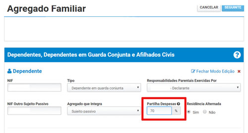 Página do site da Autoridade Tributária onde indica a percentagem de partilha de despesas.
